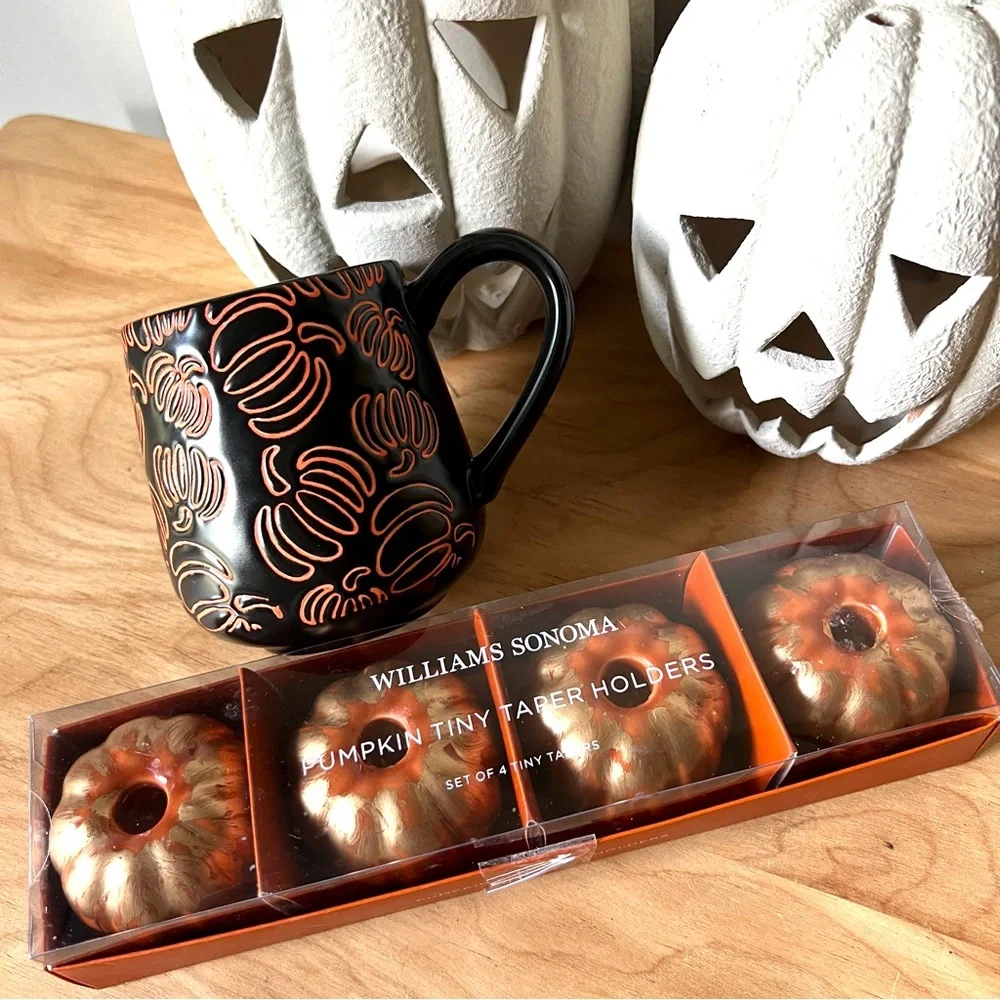 Williams Sonoma Pumpkin Tiny Taper Holders, Crofton Mug